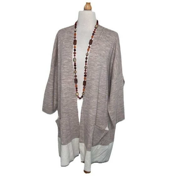 Eileen Fisher XL Tan Ivory Color Block Open Cardigan Sweater Merino Wool Pockets - Picture 1 of 8